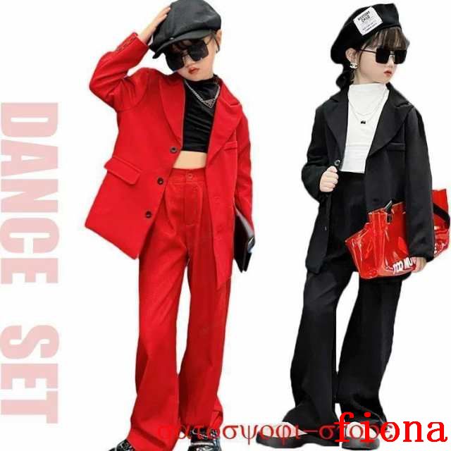 キッズ ダンス 衣装 赤 黒 セットアップ 長袖 スーツ 韓国 子供服 ジャケット パンツ 女の子 スーツ レッド フォーマルスーツ ブレザー 2点セット お祝い 長袖